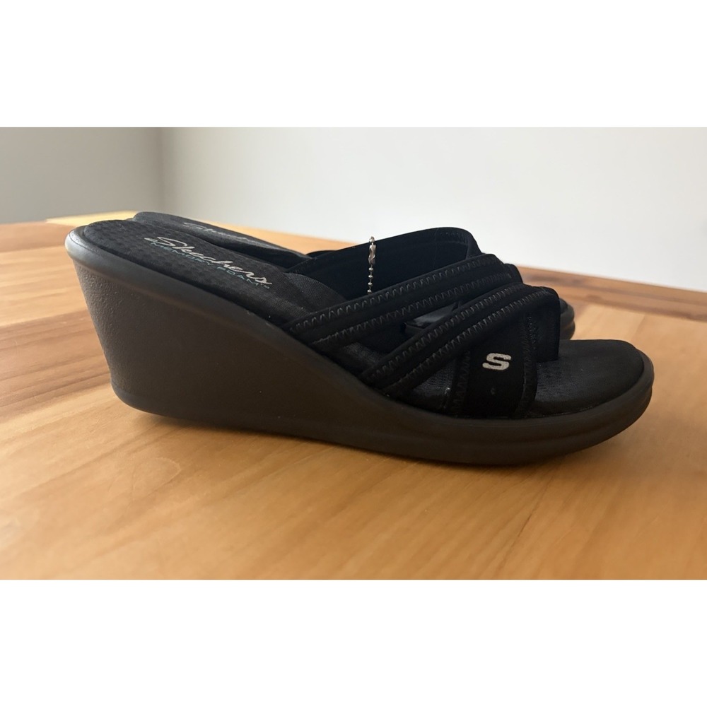 VTG Y2K SKETCHERS Black Sandal Flip Flop Wedge Heel Memory Foam 8.5 NEW NOS